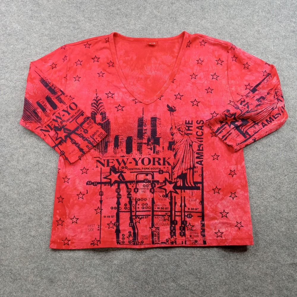 Glima Shirt Womens XL Red New York City V‎ Neck 3/4 Sleeve Graphic USA